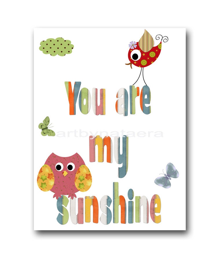 You Are My Sunshine Baby print Art for nursery Kids Wall Art Kids decor art for kids Artwork Baby Girl Room Decor 8x10 owl bird baby artwork