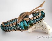Leather Wrap Bracelet, Teal and Black, Funky Chunky, Boho Chic, Single bracelet, Celtic Knot