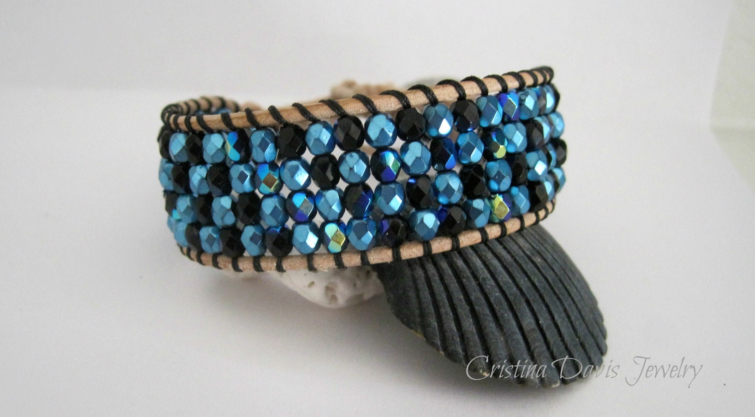 Beaded Leather Cuff, Turquoise sparkle, black ab, Seahorse boho chic, beautiful jewelry, holiday gifts