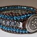 Beaded Leather Cuff, Triple Row Beaded, Blue Green Turquoise Sparkle, Boho Chic, Earthy