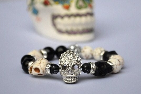 Rhinestone Skull Bracelet with Black and White Gemstones