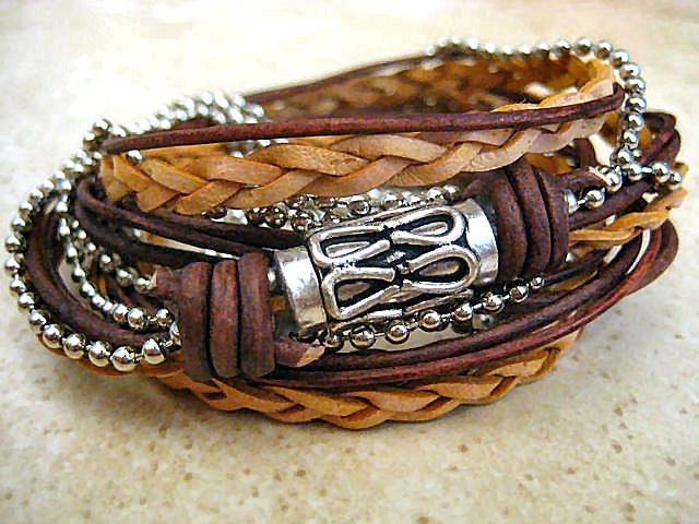 Boho Natural Leather Wrap Bracelet with Silver Accents... Magnetic Clasp ..."FREE SHIPPING"