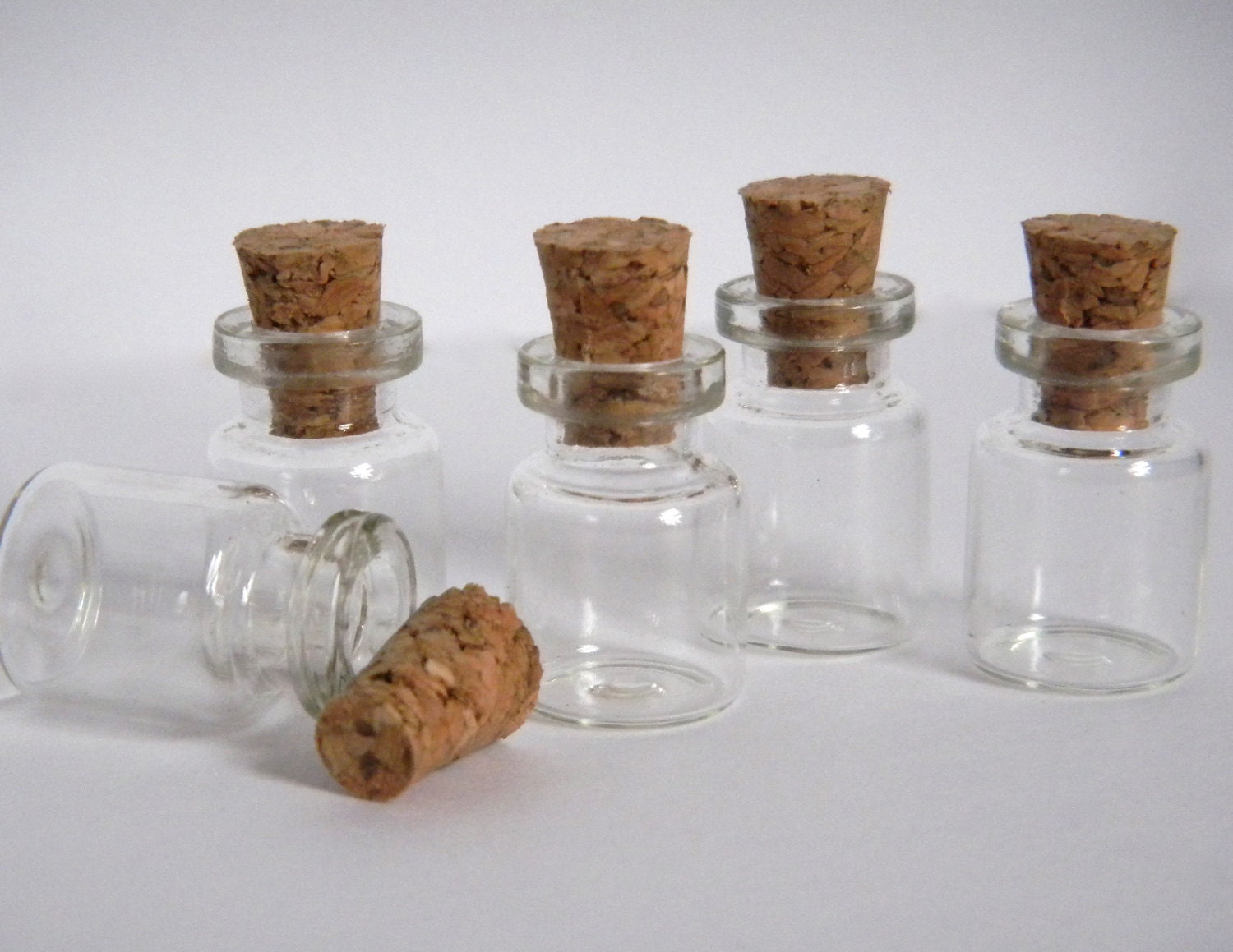 10 - Mini Glass Wish Corked Bottles Vials.5ml and Eye hooks