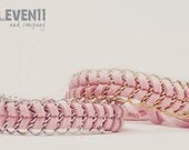 Layering bracelets. Chevron friendship bracelet. Baby pink with gold and silver chain pictured.