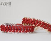 Arm party. Red faux suede with gold and silver chain pictured.