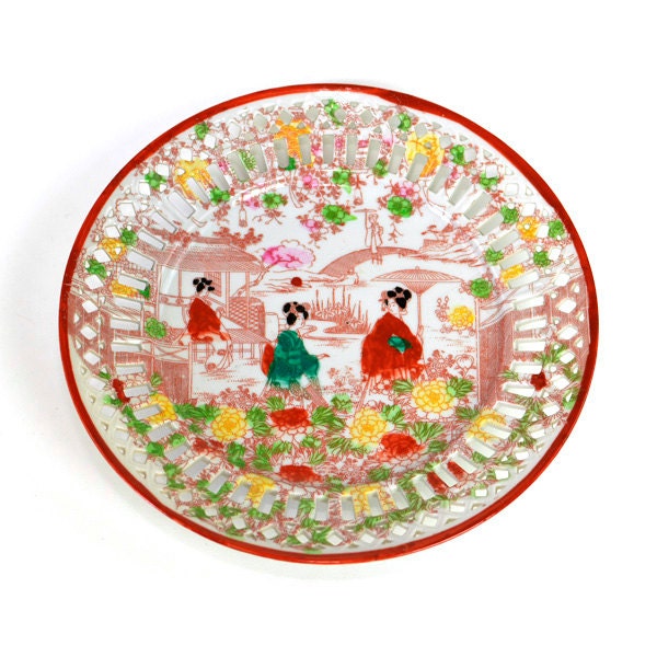 Japanese Geisha Ware Plate - Hand Painted Folk Scene with Lattice Edge Trim - Beautiful Vintage Home Kitchen Decor or Use