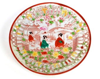 Japanese Geisha Ware Plate - Hand Painted Folk Scene with Lattice Edge Trim - Beautiful Vintage Home Kitchen Decor or Use