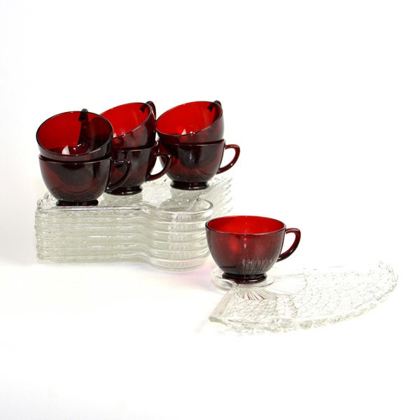 Royal Ruby Cups & Shell Fan Snack Plate Sets by Anchor Hocking - 7 SETS, 14 Pieces - Vintage Home Kitchen Party Decor or Use