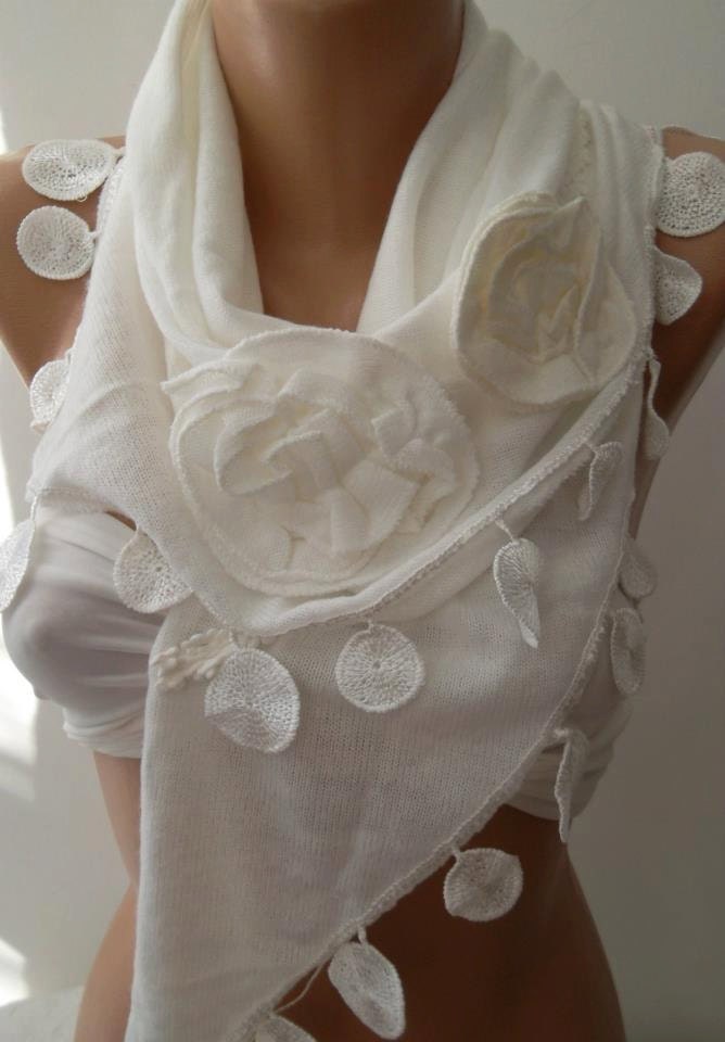 NEW- Mothers Day Gift  white Shawl/ Scarf - Headband with Lace Edge