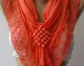 Georgeus  Orange  / Elegance   Scarf with Lacy Edge -Feminine  Super Elegant---Mothers Day Gift
