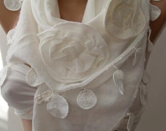 NEW- Mothers Day Gift  white Shawl/ Scarf - Headband with Lace Edge