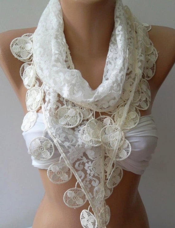 Pearl White - Elegance Shawl / Scarf with Lacy Edge,,,,