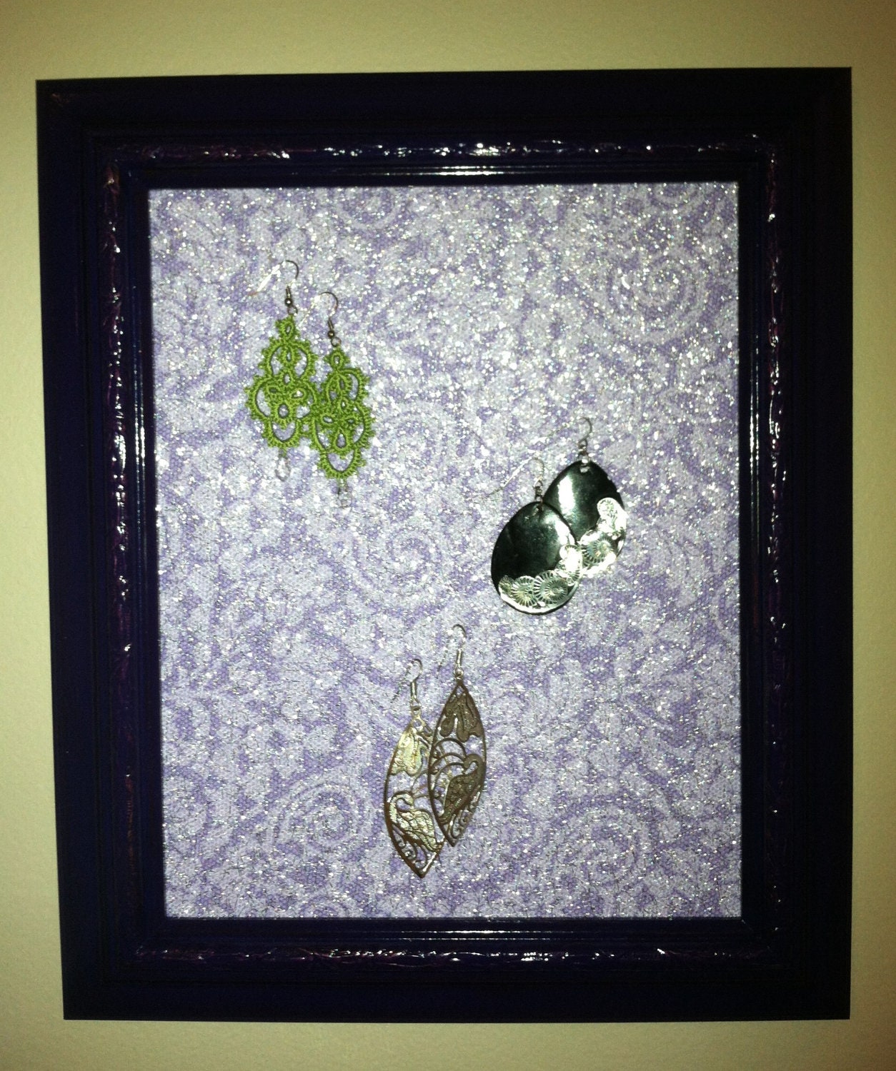 Purple Earring and Jewelry Holder Frame/Display with Lace Shabby Vintage Inspired Floral