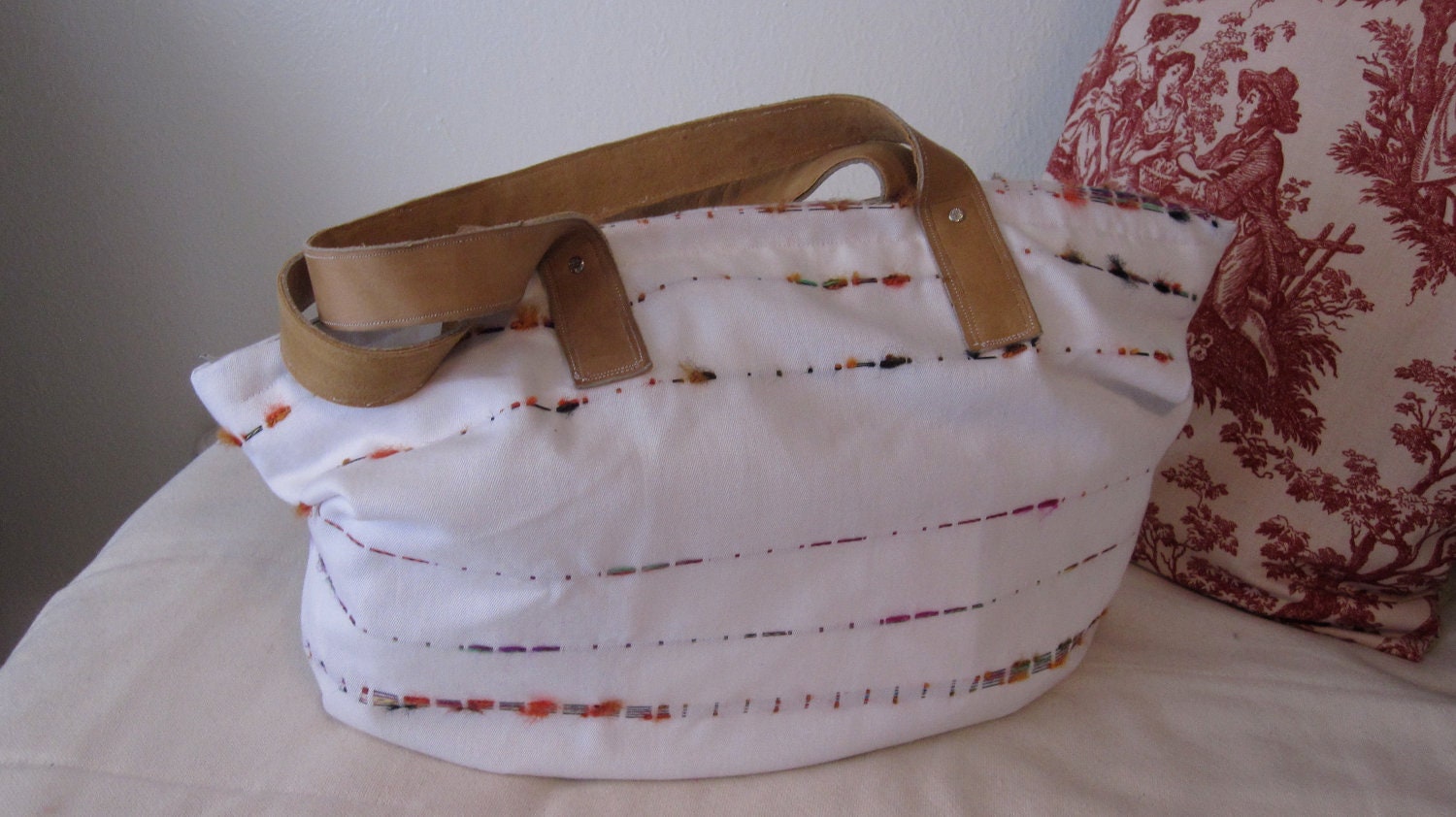 Upcycled Skirt into Tote bag with leather handles from a belt