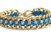 Turquoise Woven Chain and Rhinestone Bracelet