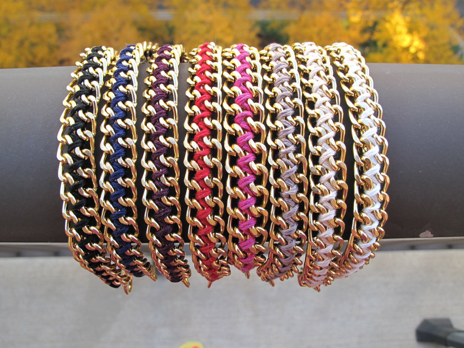 Chain & Rhinestone Bracelet - Dark Burgindy Red and Gold Woven