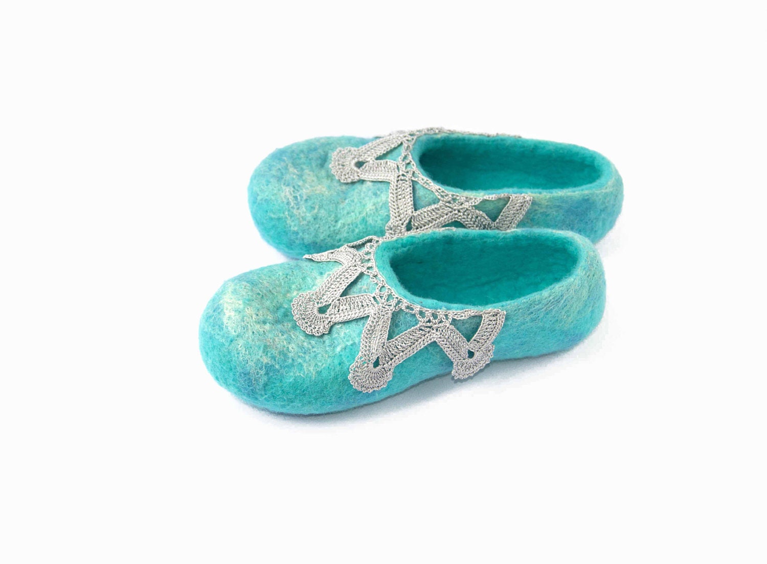 Felted wool slippers turquoise silver - Storow Felted wool slippers turquoise silver - Storow