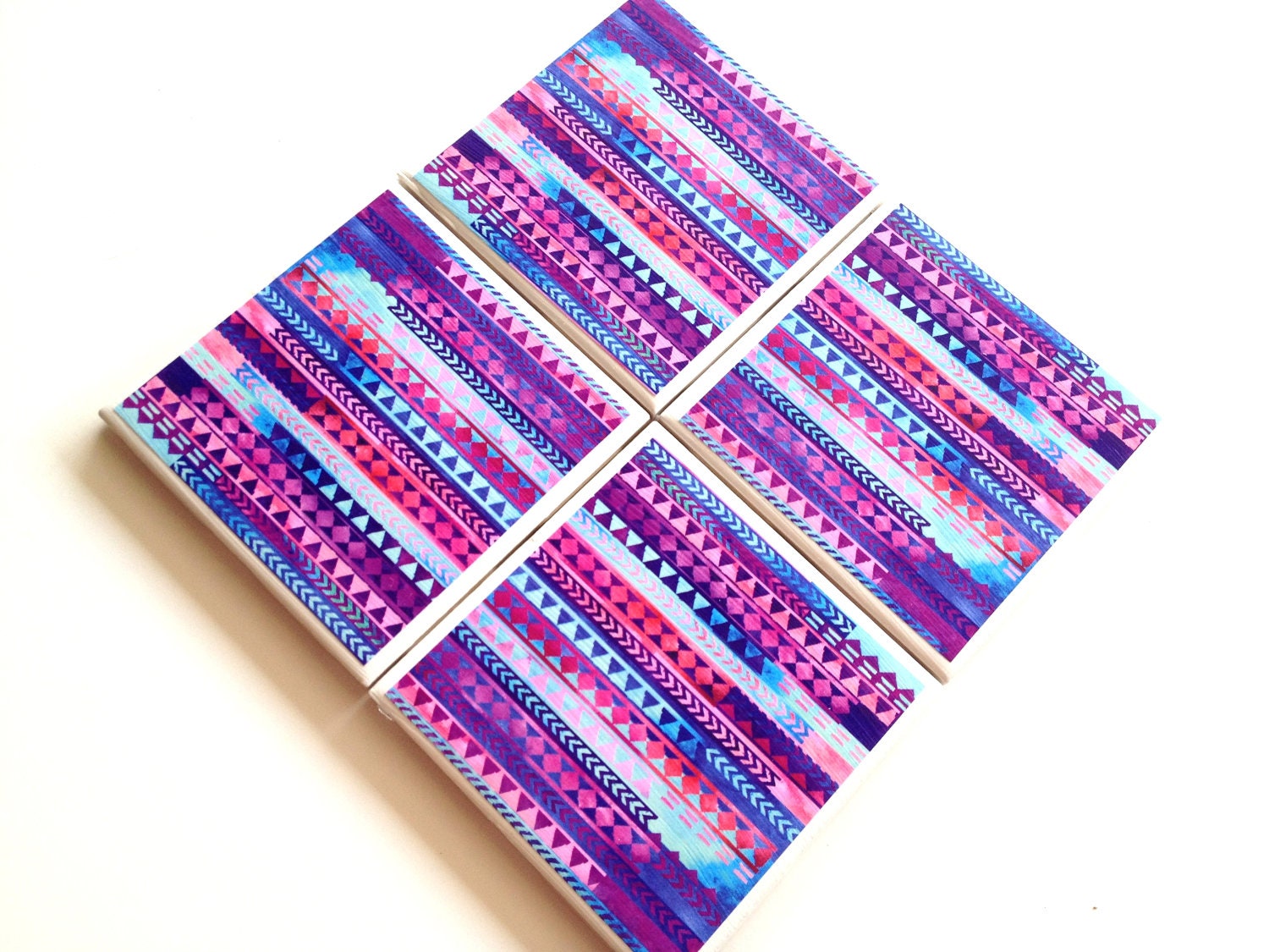 Purple Tribal Coasters, Ceramic Tile Coasters, Tribal Art Design, Triangle Art, Purple Home Decor