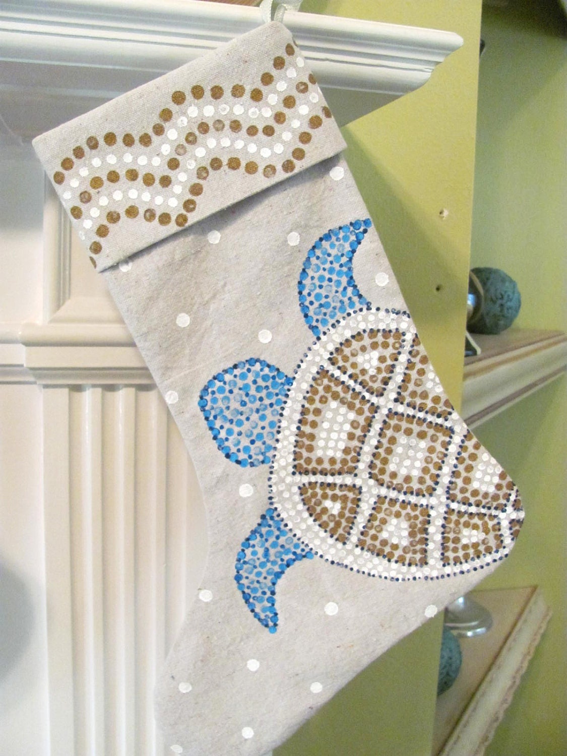 Sea Turtle Design Hand Painted Canvas Cuffed Christmas Stocking Nautical, Sea Life, Ocean, Beach Christmas