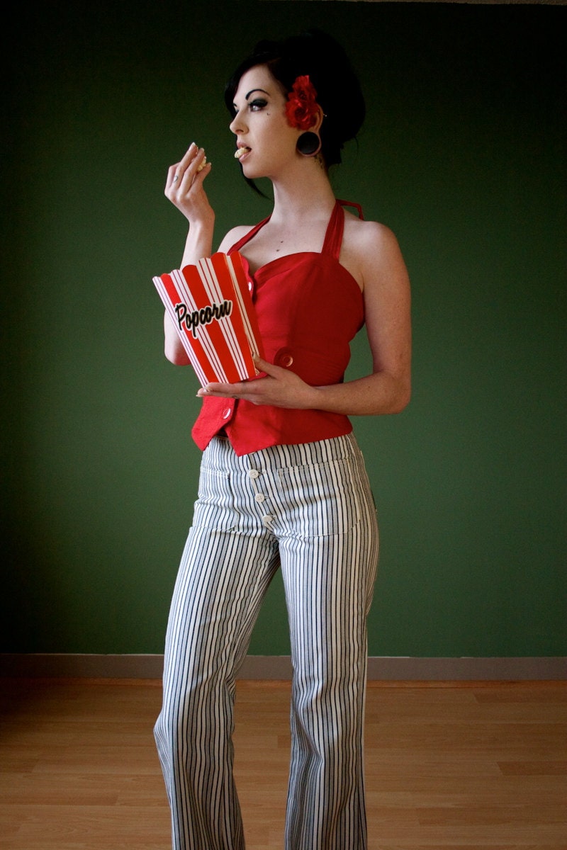 1970s Vintage High Waist Sailor Button Flare Pants XS