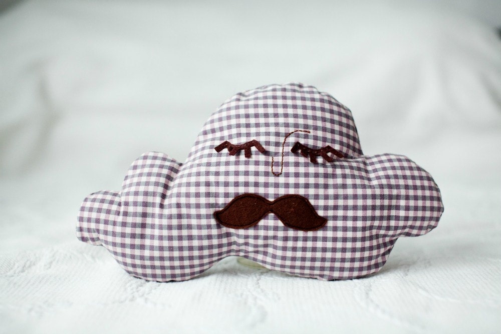 Mister Cloud pillow with felt mustache, made for nursery or room decor, perfect gift for boy, mustache theme