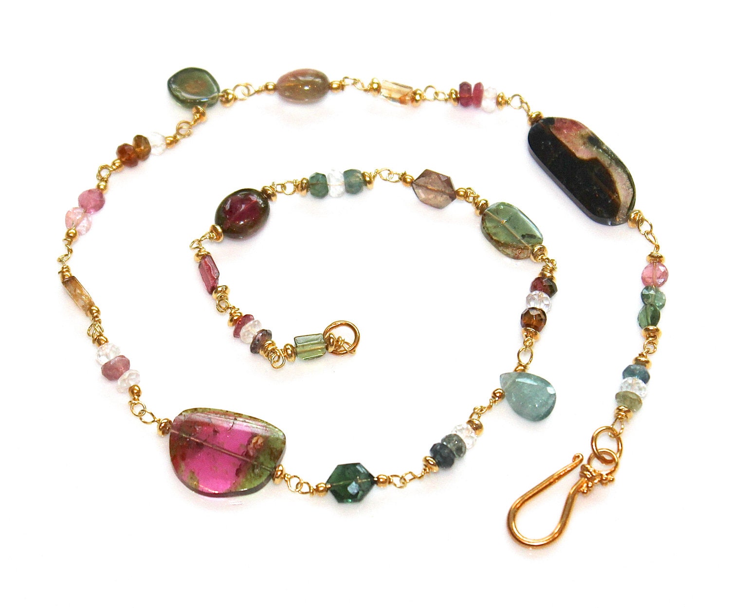 Watermelon Tourmaline Slice Gemstone Rainbow Necklace Gold Vermeil White Topaz Beaded 16"