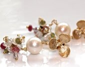 Pearl Earrings Baroque Akoya Multicolor Sapphire White Topaz Keshi Buttercream Gold Vermeil Leaf Dangle Drop Cluster Earrings Jewelry