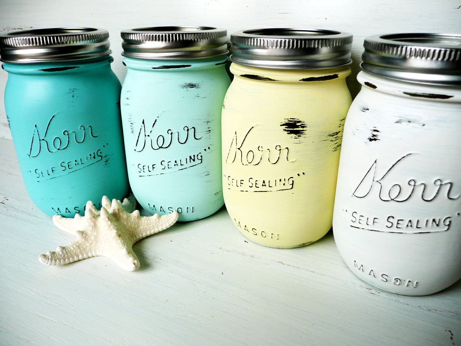 Starfish Seaside Pint - WEDDING and Home Decor - Painted and Distressed Mason Jars - Vase