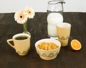 Ceramic stoneware breakfast set cup mug bowl - unique handmade decorative textured kitchen pottery modern - tea coffee juice cereal - yellow
