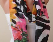 Sun Flowers - Leopard - Infinity Scarf - Circle Scarf  -  Loop Scarf - Colorful Scarf with Sun Flowers  - Chiffon Fabric