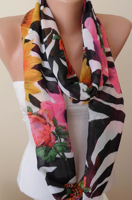 Sun Flowers - Leopard - Infinity Scarf - Circle Scarf  -  Loop Scarf - Colorful Scarf with Sun Flowers  - Chiffon Fabric