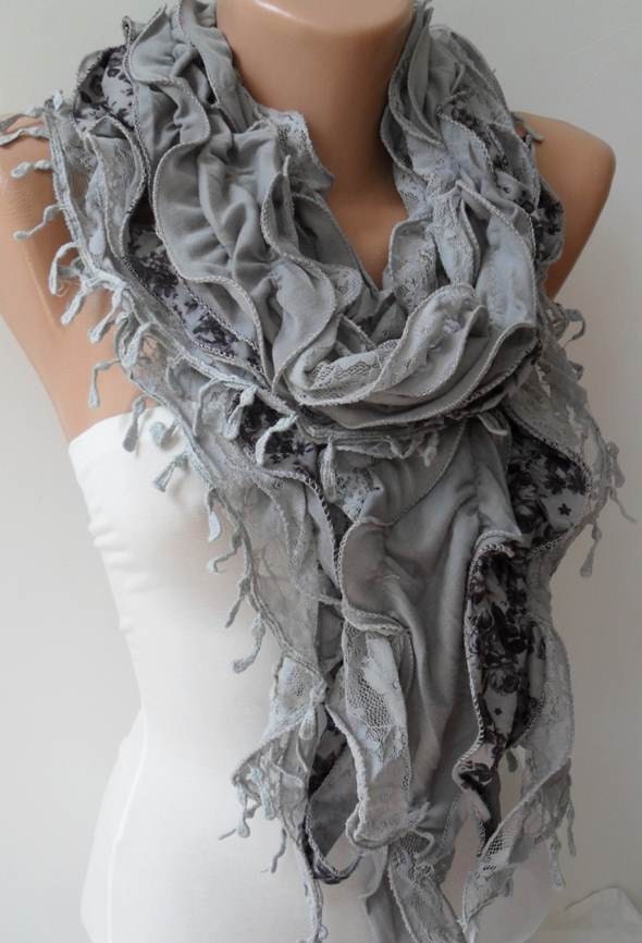 Trendy- Light Grey Lace and Cotton Ruffle Scarf