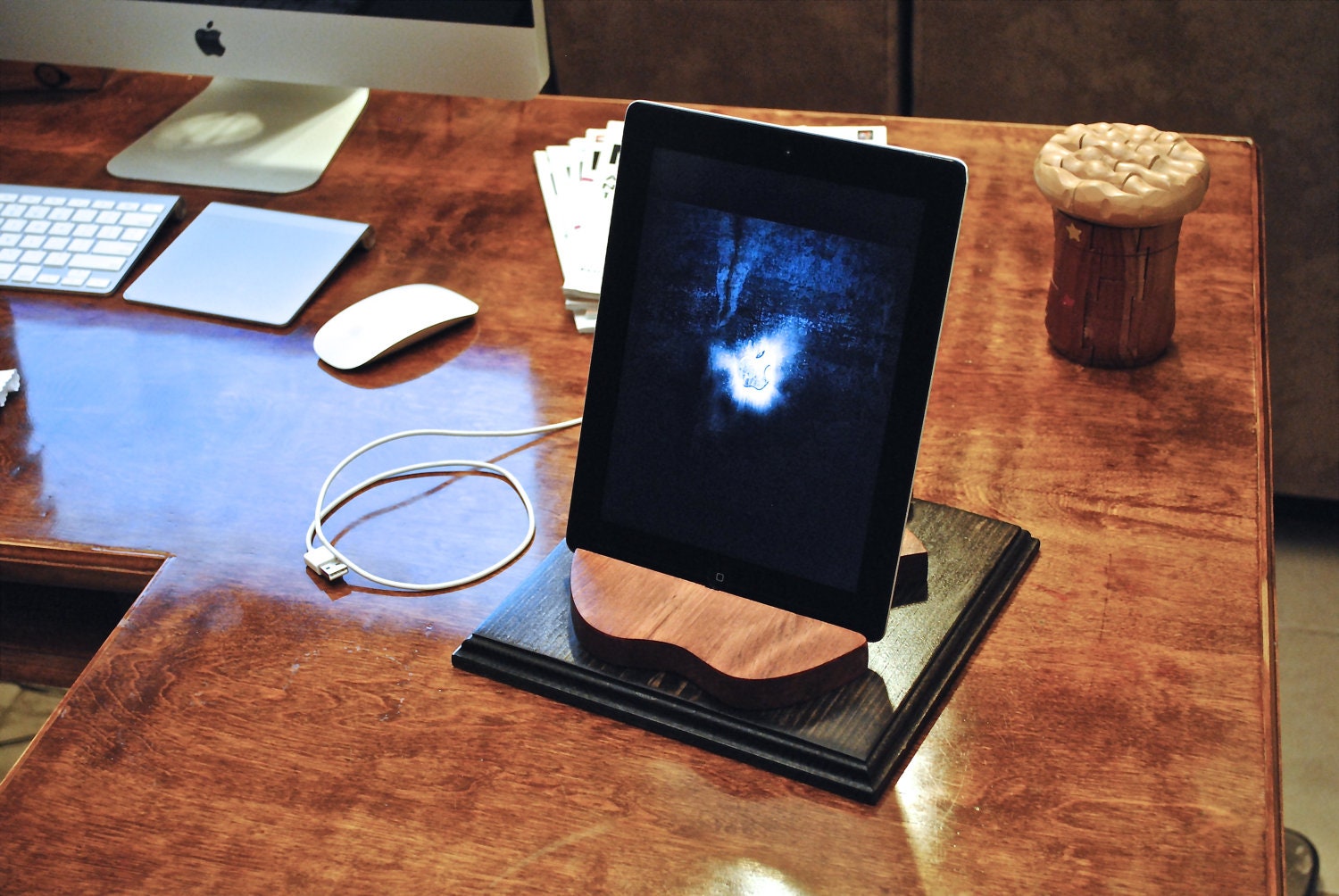 The "Rusty Apple Station" handmade custom wooden docking stand for iPad 1, 2, 3, 4 plus the iPad mini