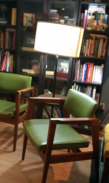 1960s vintage Mid Century Modern denmark style chairs from Gunlocke walnut wood avocado green made in New York