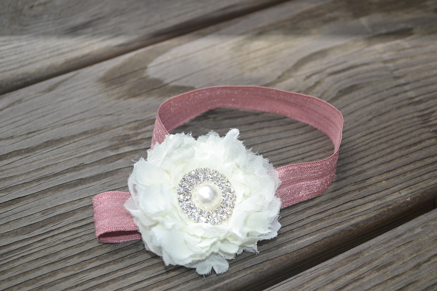 Shabby Cream Flower - Baby Headband - Blush Foldover Elastic -  Crystal - Pearl - Infant - Baby - Toddler
