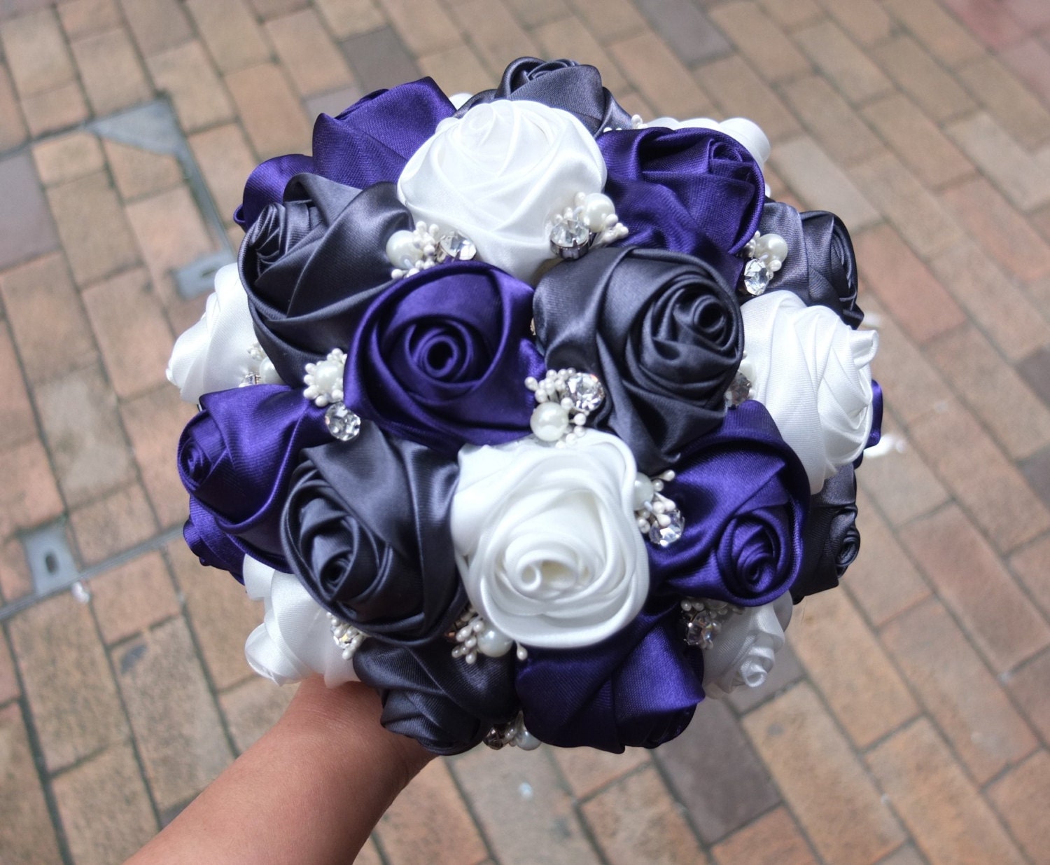 Purple & Dark Gray and White Rose, Handmade Ribbon Rose Bouquet, accented with rhinestone (Large, 8-9 inch)