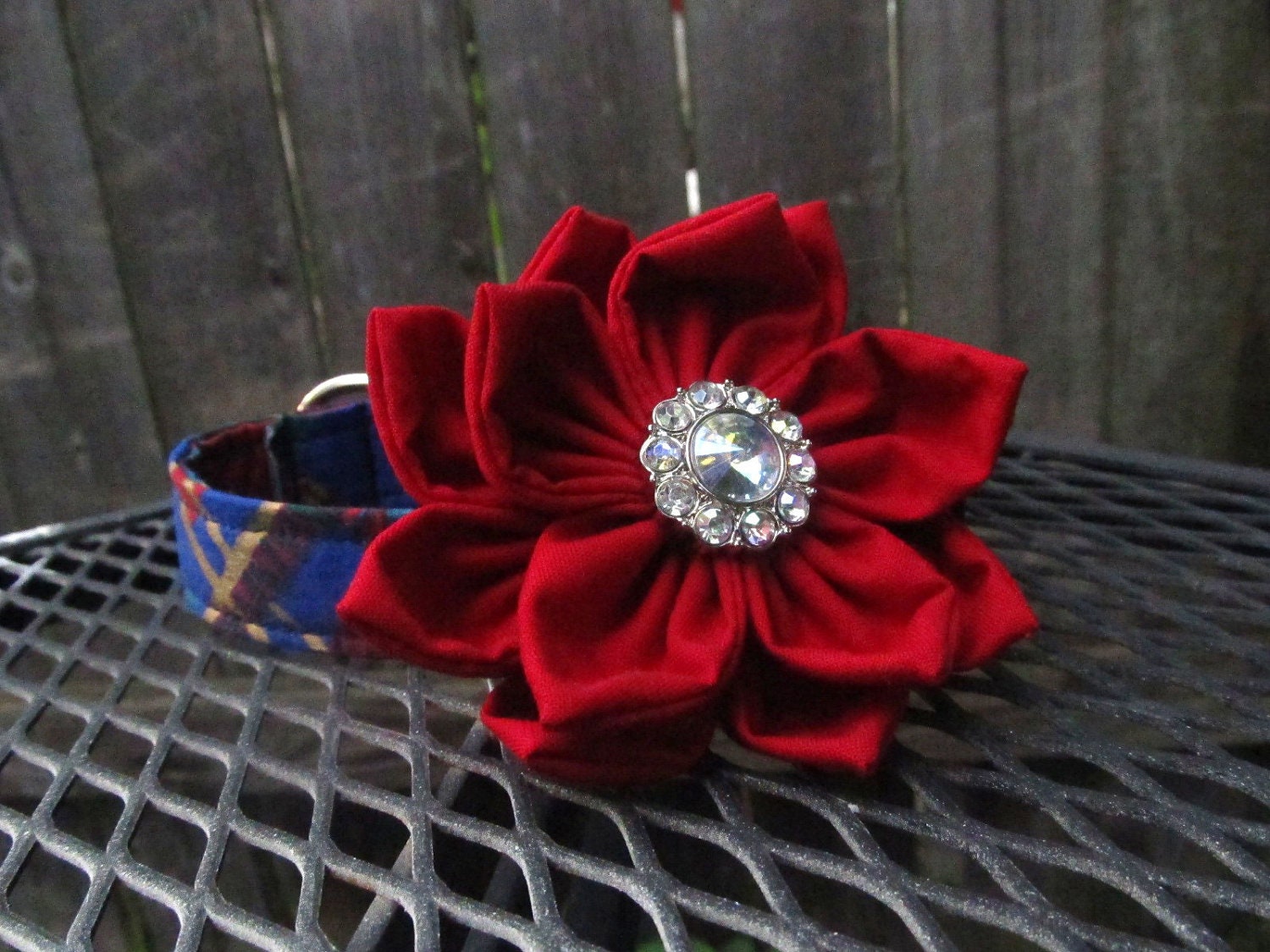 Dog collar and Flower - Christmas Blue, Red, and Gold Collar and Red Poinsettia Flower Combo