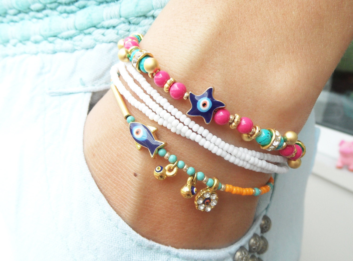 Evil eye bracelet set pink white orange fish charm ethnic arabic turkish jewelry istanbul wholesale best friend birthday summer beach gift