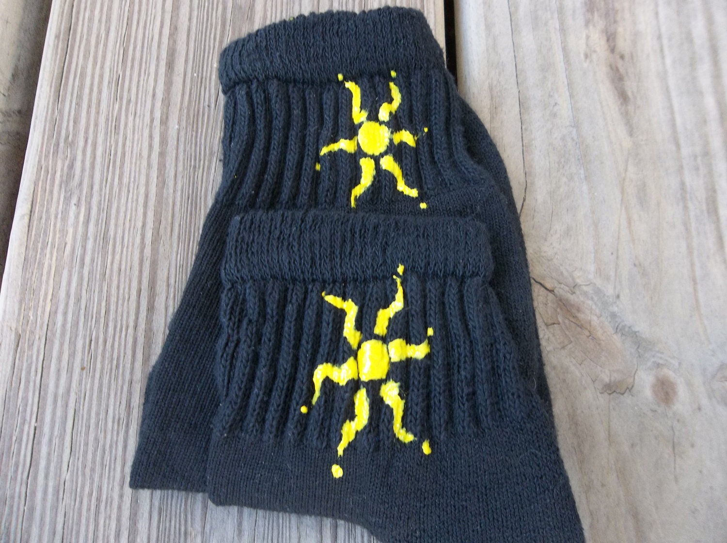 a "Summer Sunshine" - Hand Painted Black Socks for Bigger Feet: Simple Tribal Sun (kid large/xl - women's xs/small)
