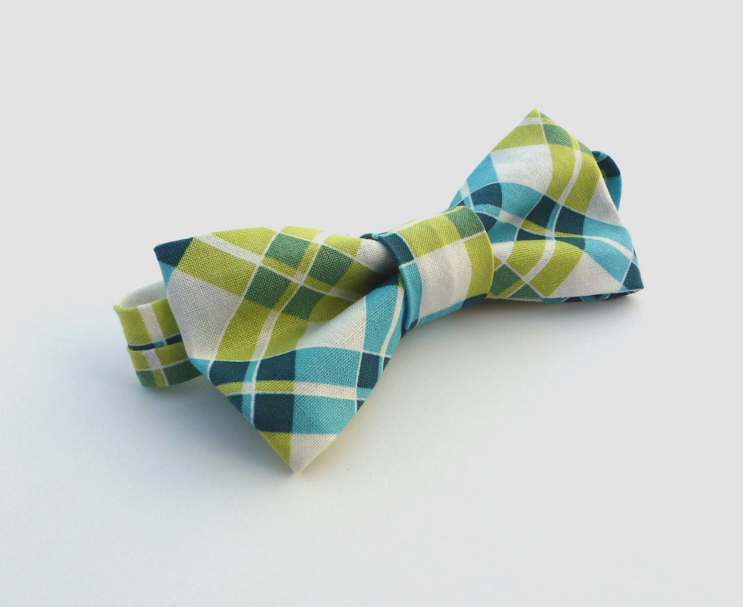 Boys Bow Tie- Blue, White, and Lime Green Diagonal Plaid - Sizes newborn-adult