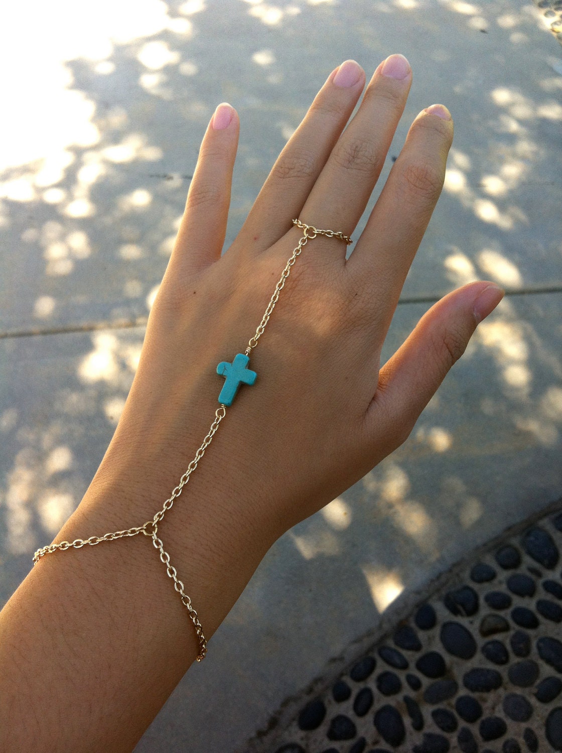 Cross Bead Bracelet Ring Hand Chain - Gold, Silver or Bronze Chain / Turq, White, or Black Cross
