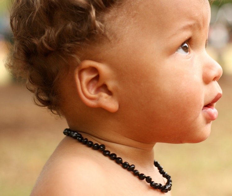 Black Baltic Amber teething necklace for baby - bluevalley