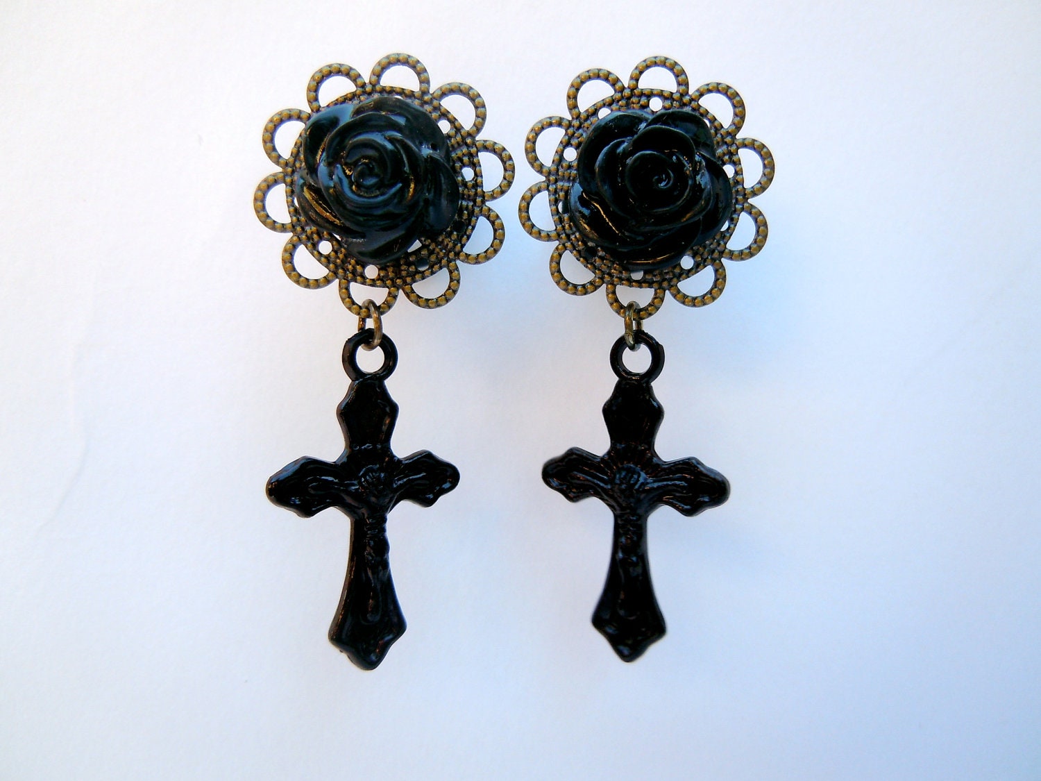 Rose and Cross Dangly Plugs 9/16g (14mm) and 5/8inch g(16mm) gauges for stretched ears by Gauge Queen on Etsy