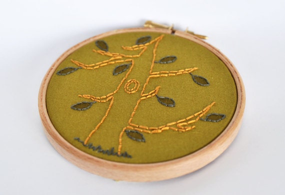 Embroidery hoop art, green tree, handstitched