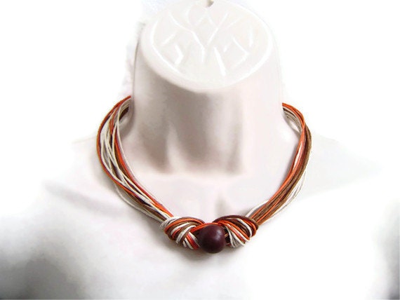 Knot Necklace,Cord Fiber Necklace, Statement OOAK Necklace, Brown Orange Beige, Fall Accessory, Earth Colours Necklace