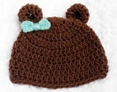 Boy Bear Crochet Hat // Blue Bow // Newborn