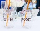 Country Mason Jars Country Wedding Mason Glasses Bride and Groom Glasses Rustic Wedding Mason Jars with YOU CHOOSE Rainbow BPA Free Straws