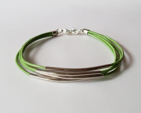 Silver Tube Leather Bracelet - 4 Strand Olive Green Leather Strap Bracelet with Silver Color Brass Tube