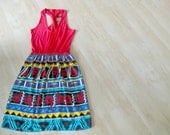 Aztec Sun Dress: psychedelic, festival, southwestern, geometric, upcycled, vintage, summer dress, ready to ship size M
