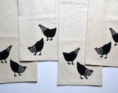 Hand Printed Cotton Napkins with Our Speckled Hens Design in Black , Red and White on Natural Cotton size 16 by 16